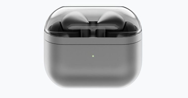 A render of the rumored Samsung Galaxy Buds 3 case and headphones.