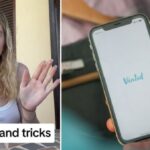 Woman talking to camera about vinted next to image of the app