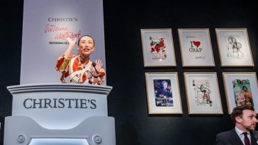 Yu-Ge Wang auctioning The Big Picture playing cards, designed by Vivienne Westwood, at Christie's London.