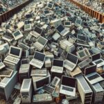 Stacks of old computers in a landfill symbolizing the IT e-waste crisis.