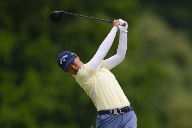 Yuka Saso, of Japan, hits off the second tee during the final round of the U.S. Women's Open golf tournament at Lancaster Country Club, Sunday