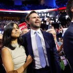 U.S. Sen. J.D. Vance (R-OH) and  his wife Usha Chilukuri Vance look on as he is nominated for the office of Vice President on the first day of the Republican National Convention at the Fiserv Forum on July 15, 2024 in Milwaukee, Wisconsin. Delegates, politicians, and the Republican faithful are in Milwaukee for the annual convention, concluding with former President Donald Trump accepting his party's presidential nomination. The RNC takes place from July 15-18.