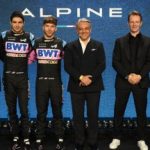 Renault Group's Chief Executive Luca De Meo (C), CEO of Alpine F1, Laurent Rossi (2R), French drivers Pierre Gasly (3L) and Esteban Ocon (2L), British Technical Chief Pat Fry (L) and French football coach and former football player Zinedine Zidane pose during BWT Alpine F1's 2023 season launch, in London on February 16, 2023. (Photo by Daniel LEAL / AFP) (Photo by DANIEL LEAL/AFP via Getty Images)