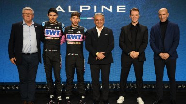 Renault Group's Chief Executive Luca De Meo (C), CEO of Alpine F1, Laurent Rossi (2R), French drivers Pierre Gasly (3L) and Esteban Ocon (2L), British Technical Chief Pat Fry (L) and French football coach and former football player Zinedine Zidane pose during BWT Alpine F1's 2023 season launch, in London on February 16, 2023. (Photo by Daniel LEAL / AFP) (Photo by DANIEL LEAL/AFP via Getty Images)