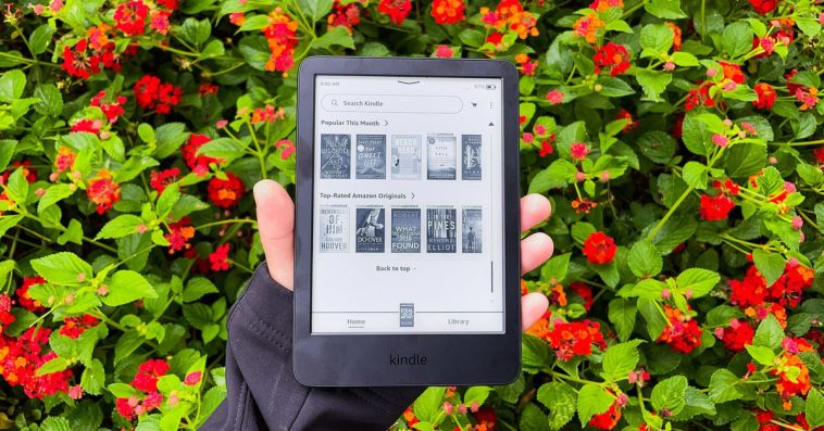 A hand holding the 2022 Kindle in front of red flowers.