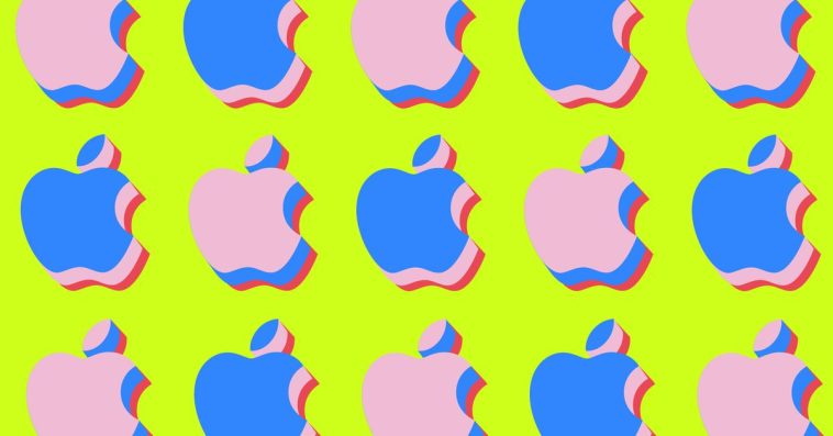 Illustration depicting several Apple logos on a lime green background.