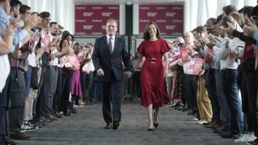 Britain's First Lady Victoria Starmer wearing Edeline Lee's Dada dress at the Labour Party conference in October.