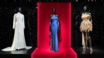 Dresses worn by Celine Dior, Princess Diana and Aya Nakamura at the Galerie Dior in Paris.