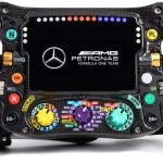 Sim-Lab’s Mercedes-AMG Petronas Formula One Team Sim Racing Steering Wheel against a white background.