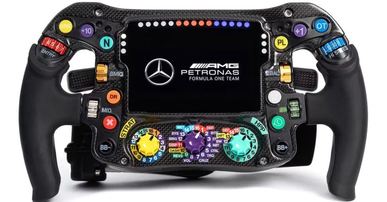 Sim-Lab’s Mercedes-AMG Petronas Formula One Team Sim Racing Steering Wheel against a white background.