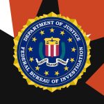 The FBI symbol atop a red, black and white background made of seven pointed stars.