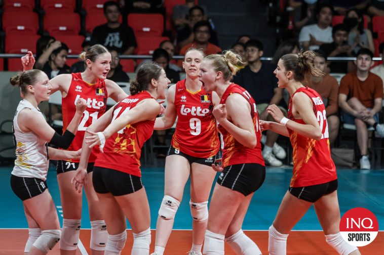 Belgium celebrates a point against Sweden in the n the FIVB Challenger Cup at Ninoy Aquino Stadium in Manila