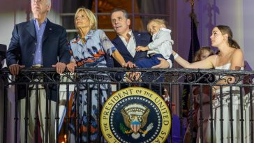 WASHINGTON, DC - JULY 04: (L-R) U.S. President Joe Biden, first lady Jill Biden, Hunter Biden holding Beau Biden and Naomi Biden watch fireworks on the South Lawn of the White House on July 04, 2023 in Washington, DC. The Bidens hosted a Fourth of July BBQ and concert with military families and other guests on the South Lawn of the White House. (Photo by Tasos Katopodis/Getty Images)