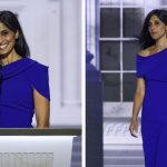 Republican vice presidential candidate, U.S. Sen. J.D. Vance's wife Usha Chilukuri Vance wears blue dress on stage  on the third day of the Republican National Convention at the Fiserv Forum on July 17, 2024 in Milwaukee, Wisconsin.