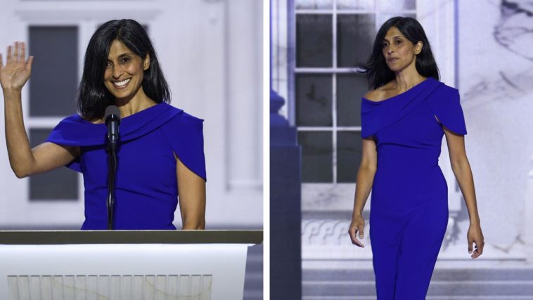 Republican vice presidential candidate, U.S. Sen. J.D. Vance's wife Usha Chilukuri Vance wears blue dress on stage  on the third day of the Republican National Convention at the Fiserv Forum on July 17, 2024 in Milwaukee, Wisconsin.