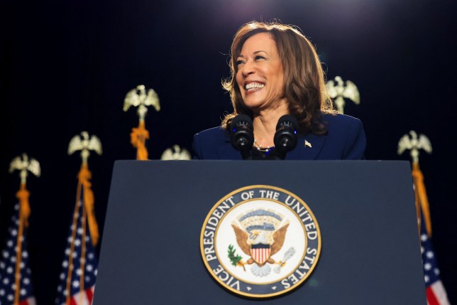 U.S. Vice President Kamala Harris gives a speech, standing behind a plinth that has the 'vice president of the united states' on it