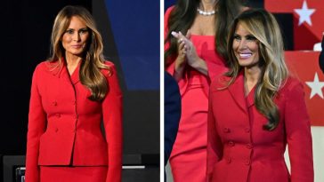 Melania Trump, red outfit, rnc 2024, christian dior bar suit