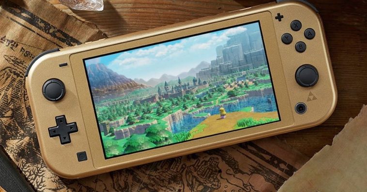 A look at the front of the gold Hyrule Edition Switch Lite console.