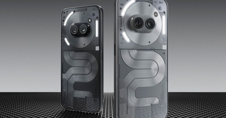 The black and gray versions of the Nothing Phone 2A Plus standing side by side.