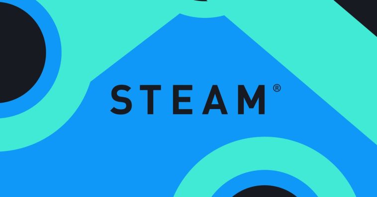 The Steam brand logo against a blue and black backdrop