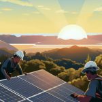 Artwork of apparent workers wearing hardhats around a solar panel and in front of a sunset.