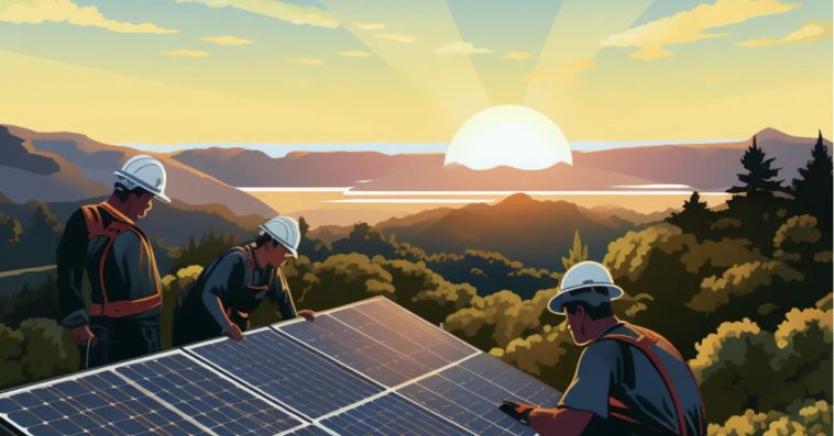 Artwork of apparent workers wearing hardhats around a solar panel and in front of a sunset.