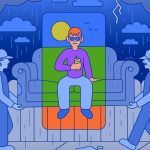 Illustration of a person sitting on a couch in the outline of a phone overlayed on top of a scene of the couch being carried in a storm by two movers.