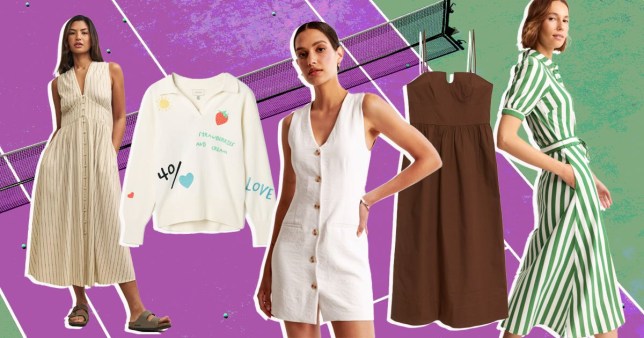 Outfit ideas for Wimbledon 2024 including cream, white, khaki and green striped dresses