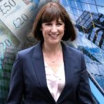 Chancellor Rachel Reeves in front of buildings and with money