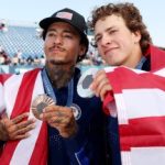 PARIS, FRANCE - JULY 29: Silver medalist Jagger Eaton of Team United States (R) and Bronze medalist Nyjah Huston of Team United States (L) pose on the podium uring the Men's Street Finals on day three of the Olympic Games Paris 2024 at Place de la Concorde on July 29, 2024 in Paris, France. (Photo by Cameron Spencer/Getty Images)