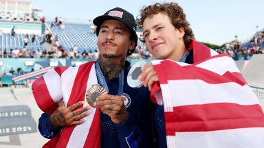 PARIS, FRANCE - JULY 29: Silver medalist Jagger Eaton of Team United States (R) and Bronze medalist Nyjah Huston of Team United States (L) pose on the podium uring the Men's Street Finals on day three of the Olympic Games Paris 2024 at Place de la Concorde on July 29, 2024 in Paris, France. (Photo by Cameron Spencer/Getty Images)