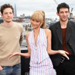 Mike Faist, wearing a Loewe top, Zendaya and Josh O'Connor, in full Loewe look during the Challengers photocall in London