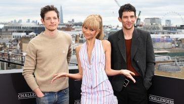Mike Faist, wearing a Loewe top, Zendaya and Josh O'Connor, in full Loewe look during the Challengers photocall in London