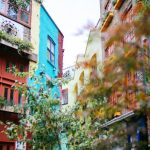 Colorful old houses in central London on a bright and sunny day.