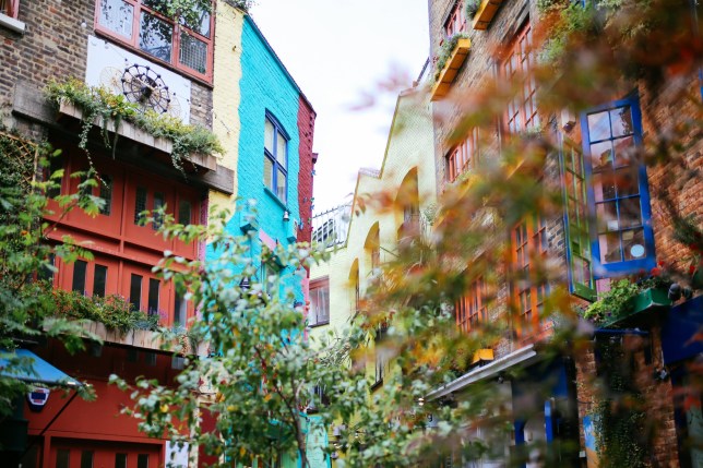 Colorful old houses in central London on a bright and sunny day.