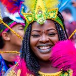 Street dancer wearing a colourful headpiece at London's Notting Hill Carnival