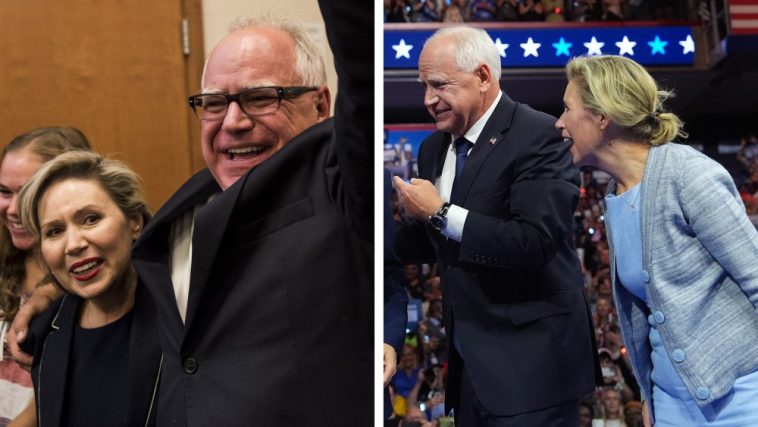 Rep. Tim Walz (D-MN) and his wife, Gwen Walz, celebrate while entering his election night party on August 14, 2018 in St Paul, Minnesota. Walz won the night's primary and will go on to be the DFL candidate for Governor in the general election.