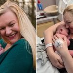 Left: Emma and her baby daughter outside; right: Emma and her baby daughter (as a newborn) in Emma's hospital bed