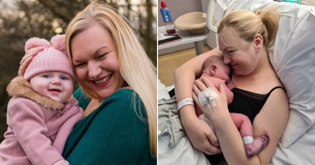 Left: Emma and her baby daughter outside; right: Emma and her baby daughter (as a newborn) in Emma's hospital bed