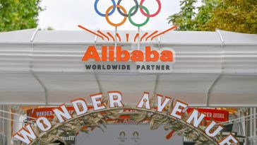 Logo of Alibaba, a Chinese multinational technology company specializing in e-commerce, retail, internet, and technology, and a Worldwide Olympic Partner, on July 17, 2024, in Paris France. (Photo by Artur Widak/NurPhoto via Getty Images)