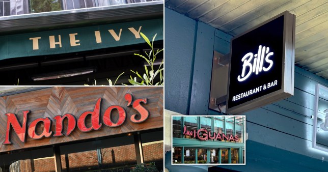 A collage of Nando's, Bill's, Las Iguanas and The Ivy - restaurants offering free food on GCSE results day