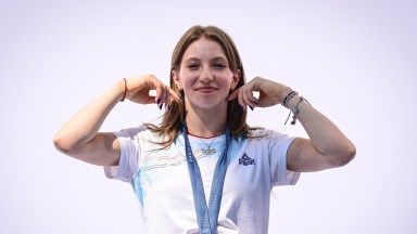 Ana Maria Barbosu poses with her Olympic bronze medal