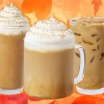 The Pumpkin Spice Latte is back in Starbucks stores, pictured on an autumnal background