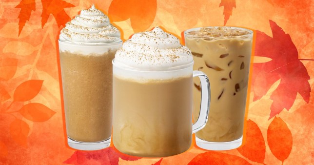 The Pumpkin Spice Latte is back in Starbucks stores, pictured on an autumnal background