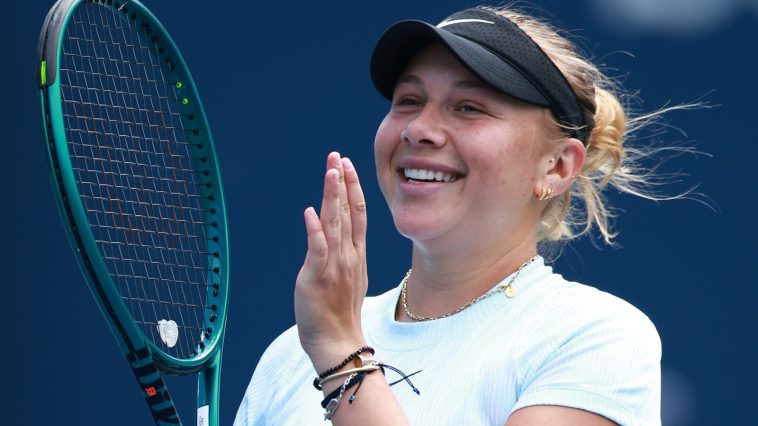 Amanda Anisimova of the United States celebrates her victory over Emma Navarro of the United States during Day 6 of the National Bank Open, part of the Hologic WTA Tour at Sobeys Stadium on August 11, 2024 in Toronto, Ontario, Canada. (Photo by Vaughn Ridley/Getty Images)