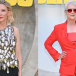 Cate Blanchett in custom Hodakova, Jamie Lee Curtis attend a fan event for 'Borderlands' in Los Angeles on Aug. 6.