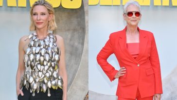 Cate Blanchett in custom Hodakova, Jamie Lee Curtis attend a fan event for 'Borderlands' in Los Angeles on Aug. 6.