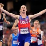 USA's Cole Hocker celebrates winning the Men's 1500m Final ahead of Great Britain's Josh Kerr at the Stade de France on the eleventh day of the 2024 Paris Olympic Games in France. Picture date: Tuesday August 6, 2024. (Photo by Martin Rickett/PA Images via Getty Images)