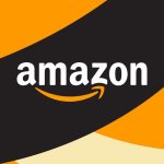 Illustration of Amazon’s logo on a black, orange, and tan background.