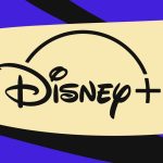 The Disney Plus logo on a beige and purple background